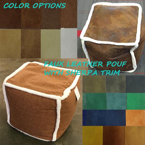Faux Leather Outdoor Pouf Ottoman Brown Multi Color With Sherpa Trim